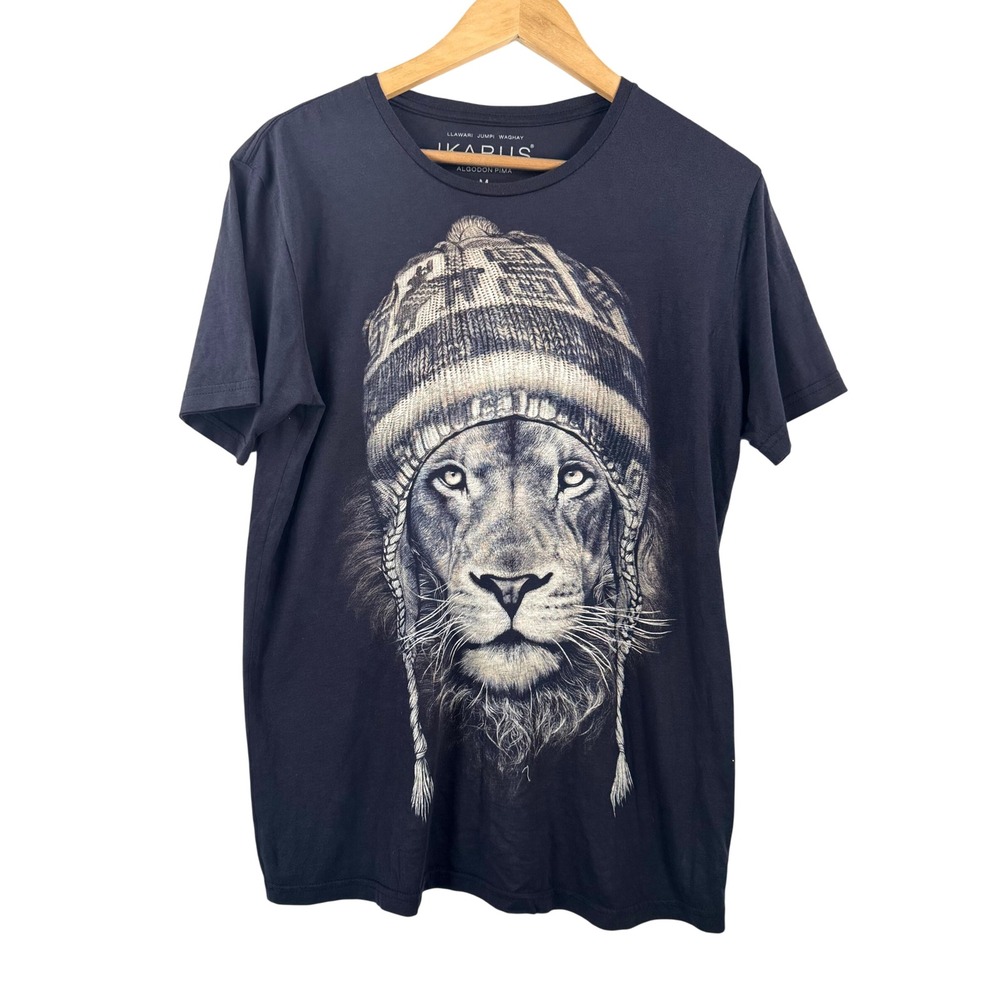 Ikarus Graphic Tee M Black Lion Beanie Pima Cotton Artistic Shirt grunge punk